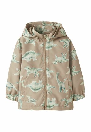 Veste à capuche beige pour enfants avec fermeture éclair avant et motifs de dinosaures verts en aquarelle, poignets élastiques et poches latérales.