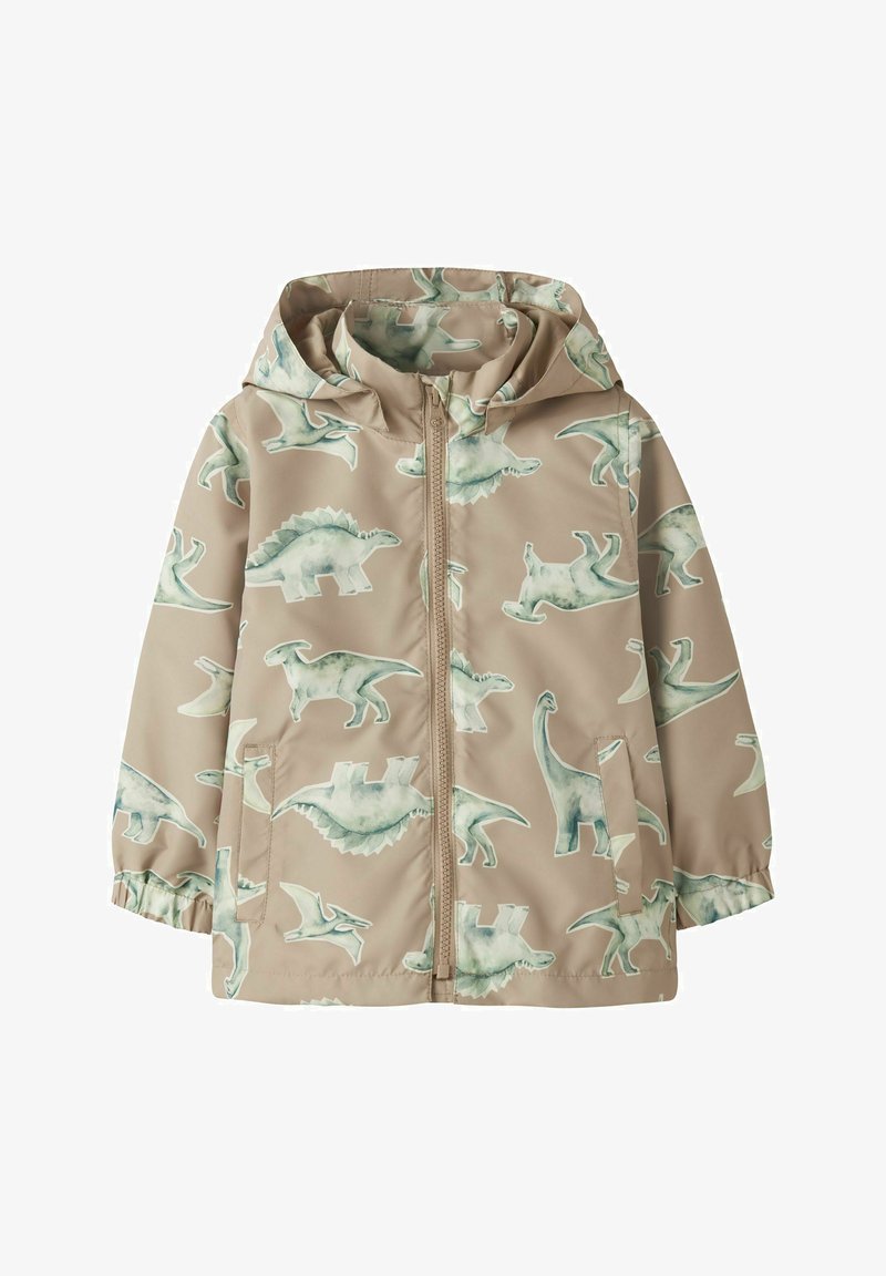 Veste à capuche beige pour enfants avec fermeture éclair avant et motifs de dinosaures verts en aquarelle, poignets élastiques et poches latérales.