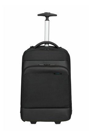 Valise cabine noire à coque souple avec poignée télescopique, poche zippée à l'avant et deux roues à la base.