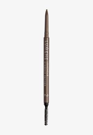 Brown eyebrow pencil with a retractable tip and a spiral brush on one end. The design features a sleek cylindrical body and clear labeling.