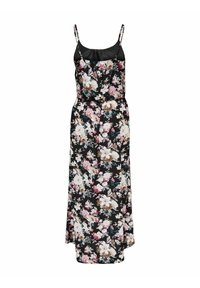 Květinové maxi šaty s tenkými ramínky, černým pozadím a multibarevnými vzory květin. Hladký materiál a uvolněný střih.