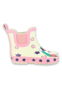 Weißer Regenstiefel mit rosa Akzenten, der ein Einhorn-Motiv und Sternmuster in Lila aufweist. Weicher Stoff, mit einer Zuglasche für ein einfaches Anziehen.