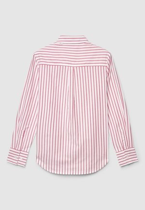 Long-sleeve shirt in white with red vertical stripes, featuring a back yoke and pleat, button cuffs, and a classic collar design.
