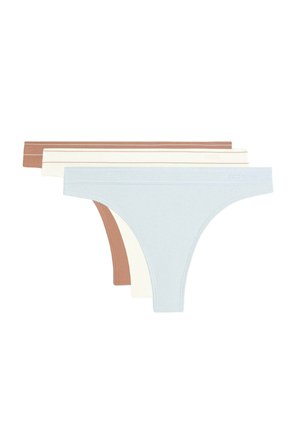 Three women's thong underwear in stacked arrangement, in light blue, off-white, and light brown colors on white background.