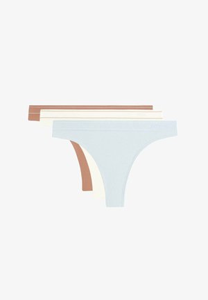 Three women's thong underwear in stacked arrangement, in light blue, off-white, and light brown colors on white background.