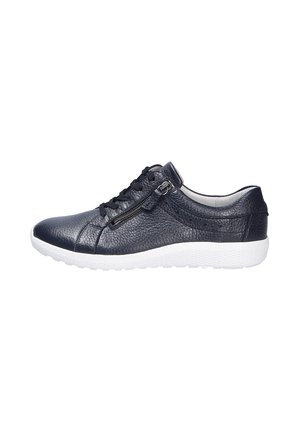 Navy leather sneakers with textured finish, white rubber sole, lace-up design, and side zipper detail for easy wear.
