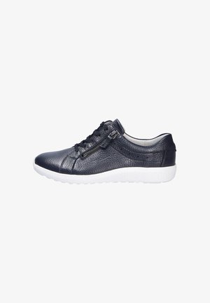 Navy leather sneakers with textured finish, white rubber sole, lace-up design, and side zipper detail for easy wear.
