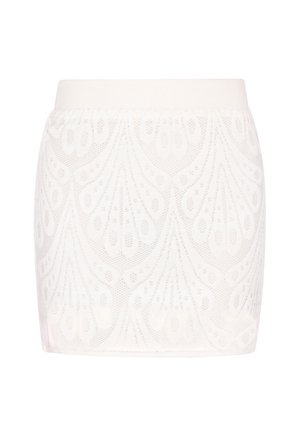 Neule valkoinen minimittainen hame, jossa on teksturoitu lehväkuvio, joustava vyötärö ja tiukka siluetti, valmistettu pehmeästä ja joustavasta materiaalista.