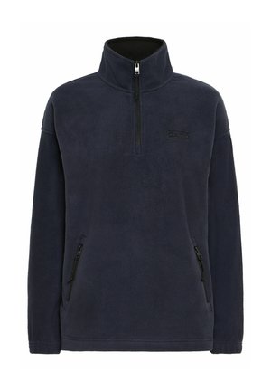 Jūrų pajėgų polar fleece tipo megztinis su pusiau užtrauktuku, aukštu apykakle ir dviem šoninėmis užtrauktukų kišenėmis. Malkinėje yra juodos spalvos logotipo detalė ant krūtinės. Minkšta tekstūra.