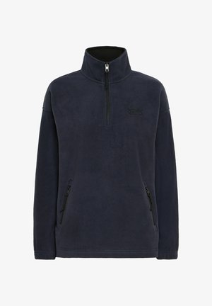 Navy fleece pullover with half-zip, high collar, and two side zip pockets. Features black logo detail on chest. Soft texture.