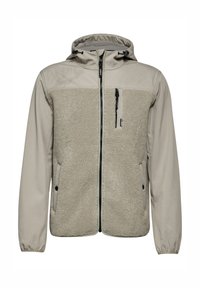 Bežová bunda s měkkým fleecovým předním dílem a hladkými látkovými rukávy. Má zip na přední straně, nastavitelnou kapuci a kapsu na zip na hrudi.