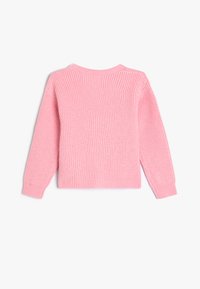 Maglione rosa lavorato a maglia con una texture a coste, maniche lunghe e colletto a giro. La parte posteriore è liscia e priva di ulteriori decorazioni.