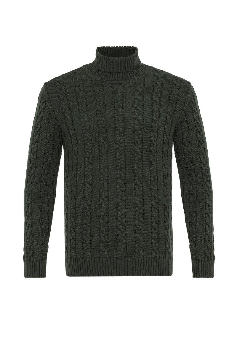 Maglione turtleneck in maglia a treccia verde scuro, con polsini e orlo a coste; il motivo testurizzato presenta dettagli a treccia sporgenti e torcigliante.