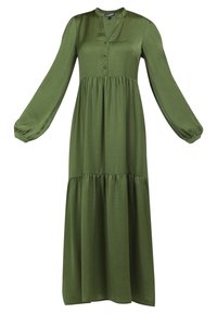 Robe verte longue en tissu lisse, avec un devant à boutons, des manches longues et un design de jupe à volants.