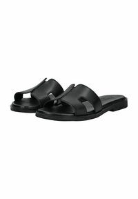 Sorte læder slide-sandaler med åbent tå-design, udskæringer og en glat overflade med flad sål.