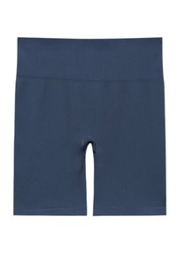 Námořnické modré strečové šortky s hladkým povrchem, širokým pasem a přiléhavým střihem. Žádné viditelné vzory ani kovové detaily.