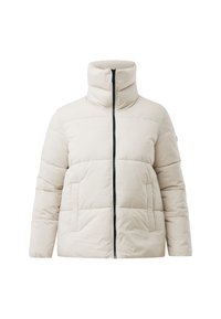 Giacca a vento color crema con collare alto, zip nera frontale completa e tasche laterali, mostrata su uno sfondo bianco.