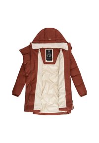 Polstret jakke i rustfarve med et blødt, cremefarvet for. Har hætte og trykknapper, der viser en indvendig label.