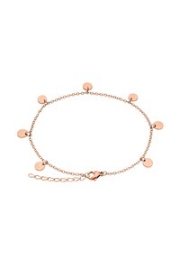 Bracciale a catena in oro rosa con piccoli dischi rotondi e chiusura a gancio, dotato di una catena regolabile per adattarsi a diverse misure.