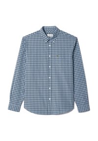 Camisa de manga larga a cuadros azul y blanca con cuello abotonado, que presenta un pequeño logo verde en el pecho y un dobladillo redondeado.