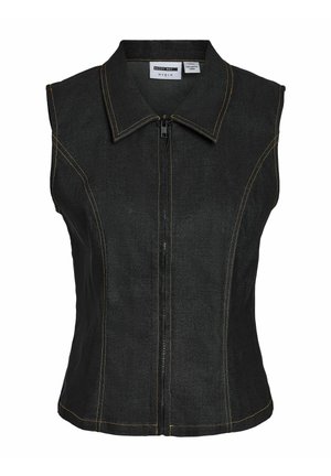 Veste sans manches en denim noir à la coupe ajustée, avec un col pointu, une fermeture éclair à l'avant et des coutures contrastées en jaune le long des coutures.