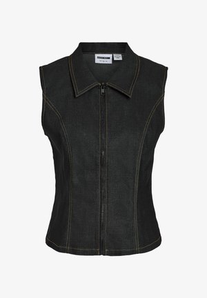 Giubbotto senza maniche in denim nero con design aderente, colletto a punta, chiusura frontale con zip e cuciture gialle a contrasto lungo le cuciture.