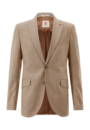 Beiger maßgeschneiderter Herrenblazer mit zwei vorderen Knöpfen, gekerbtem Revers, Pattentaschen und einem braunen Innenfutter.