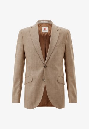 Beiger maßgeschneiderter Herrenblazer mit zwei vorderen Knöpfen, gekerbtem Revers, Pattentaschen und einem braunen Innenfutter.