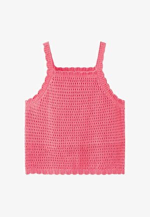 Haut sans manches rose en crochet avec fines bretelles et bords festonnés, présentant un motif ajouré texturé sur toute la surface.