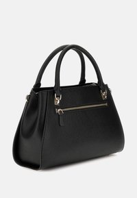 Black structured handbag made of textured synthetic material. Features two round handles, a front zip pocket, and silver-tone hardware accents.