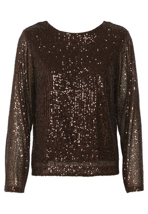 Haut en sequins marron avec des manches longues, un col rond et une surface texturée ornée de sequins superposés et scintillants.