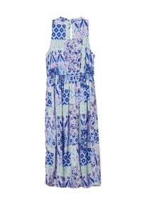 Ärmelloses Kleid in Hellblau, Lila und Grün mit einem Patchwork-Design. Verfügt über einen gerafften Taillenbund und einen Knopfverschluss im Rücken.