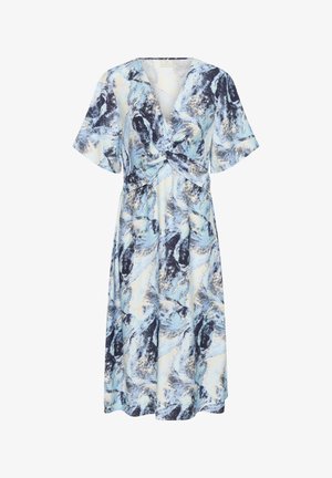 Kwiatowa sukienka w odcieniach niebieskiego i kremowego, z głębokim dekoltem w kształcie V, krótkimi falbanowymi rękawami, twistowym przodem oraz długością do kolan w kroju A.