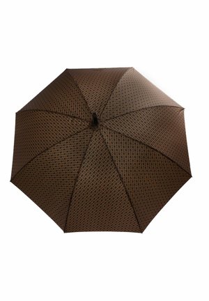 Brown patterned umbrella featuring a geometric design, with a smooth texture and a rounded black handle, measuring approximately 1 meter in diameter.