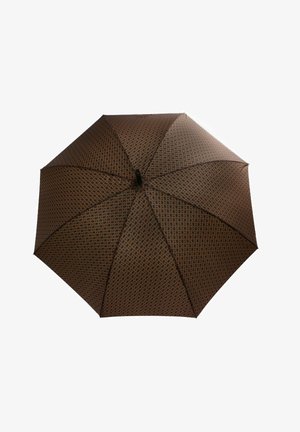 Bruine paraplu met een geometrisch patroon, een gladde textuur en een ronde zwarte handgreep, met een diameter van ongeveer 1 meter.