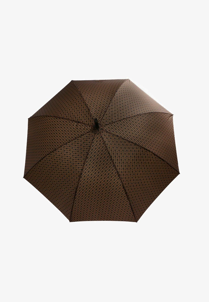 Braun gemusterter Regenschirm mit geometrischem Design, einer glatten Textur und einem runden schwarzen Griff, der einen Durchmesser von etwa 1 Meter hat.
