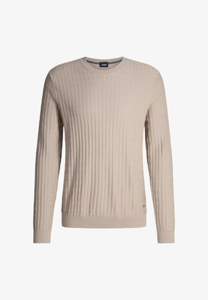 Beige knitted sweater with a textured hexagonal pattern, ribbed cuffs and hem, and a round neckline. Subtle branding on the lower side.