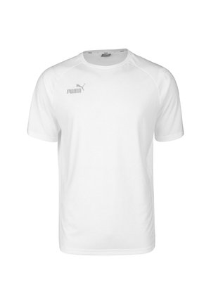 White short-sleeve athletic shirt with a round neck, made of smooth fabric. Features a subtle gray Puma logo on the upper left side.