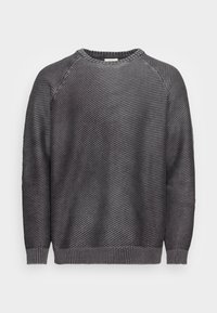 Szary sweatshirt z ukośnymi paskami, okrągłym dekoltem, prążkowanymi mankietami i dołem, teksturowana tkanina, swobodny krój.