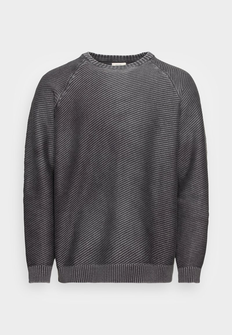 Szary sweatshirt z ukośnymi paskami, okrągłym dekoltem, prążkowanymi mankietami i dołem, teksturowana tkanina, swobodny krój.