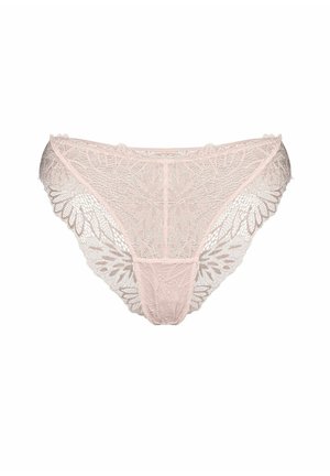 Jasnoróżowe koronkowe majtki z kwiatowymi wzorami i falistymi krawędziami, przedstawione na płasko na białym tle.