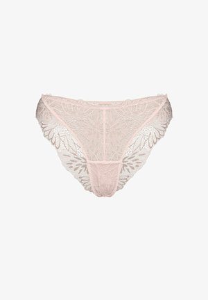 Light pink lace panties with floral patterns and scalloped edges, shown flat on a white background.