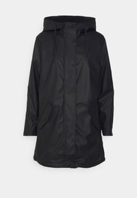 Schwarze, wasserdichte Parka mit Kapuze, ausgestattet mit einem Knopf- und Reißverschluss, seitlichen Taschen und einer weichen Textur. Länge bis zur Mitte des Oberschenkels.