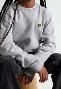 Szary bawełniany sweter z żebrowanymi mankietami i małym żółtym logo motyla na piersi. Model siedzi na drewnianym krześle, nosząc ciemne spodnie.