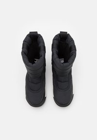 Black insulated boots with padded upper, ankle support, and textured rubber sole. Features dual top straps for secure fit.