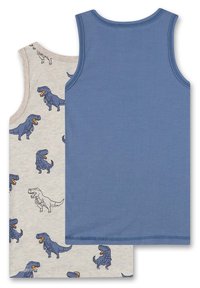 To topper: en lys grå med blå dinosaur-motiver, den andre ensfarget blå. Laget av myk stoff, rund hals og uten ermer.