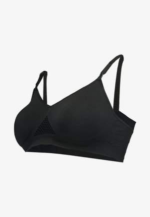 Black sports bra featuring padded cups, breathable mesh panel, adjustable straps, and textured underband for support and comfort.