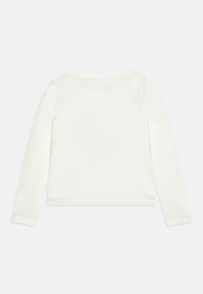 Camisola de mangas longas branca, feita de tecido macio, com decote redondo e bainha reta. Design simples, sem padrões ou detalhes.