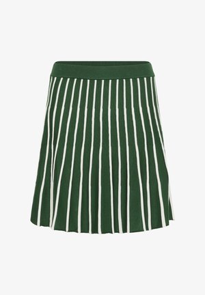 Žalia plisuota sijonas su baltomis vertikaliomis juostelėmis, turintis raibu elastinį juosmenį, užtikrinantį prigludusį vaizdą. Minkšta, tekstūruota medžiaga.