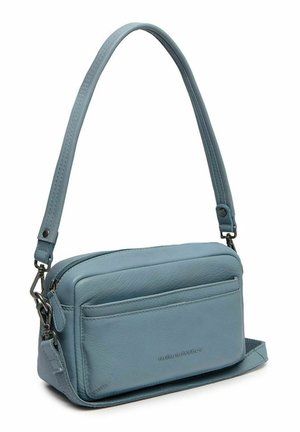 Sac bandoulière en cuir bleu avec poche zippée à l'avant, bandoulière réglable et amovible, et poignée solide.